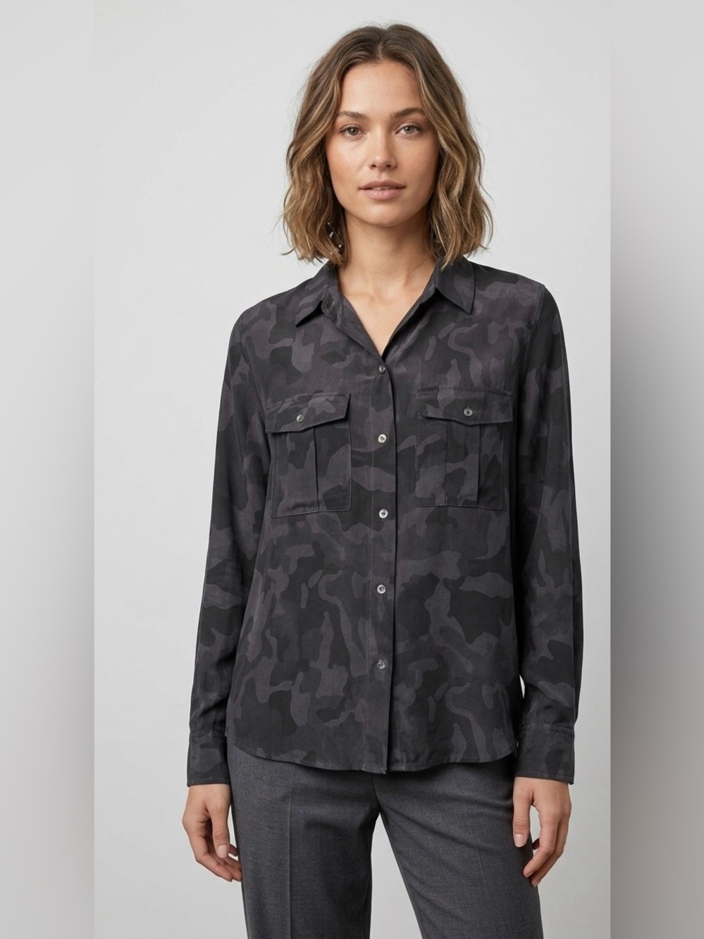 Rails Black Muted Camo Print Button Down Utility Pocket Blouse Top Small